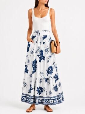 Loretta Caponi Nuvola Floral Maxi Skirt XS Blue White Cotton Made Italy